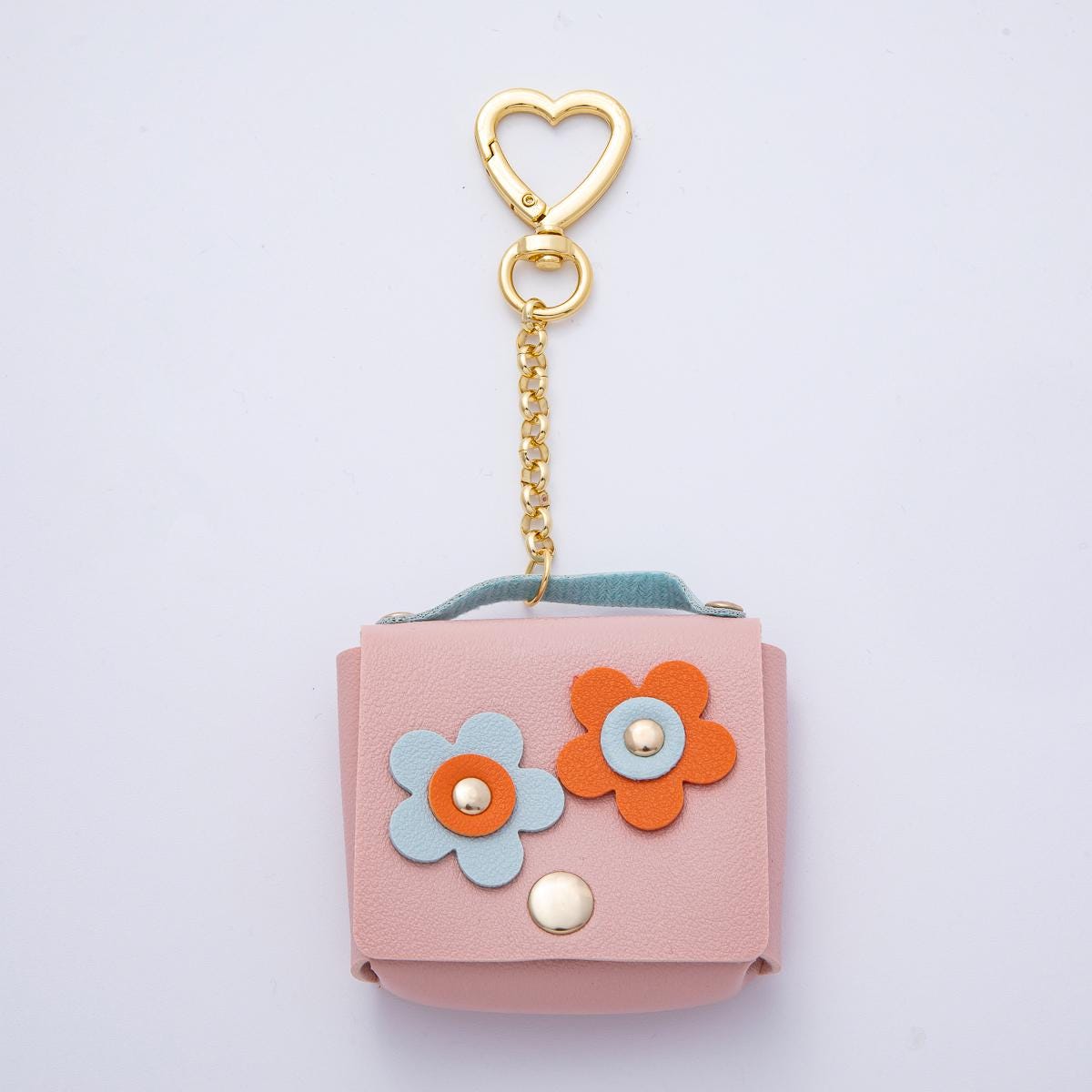 18K Gold Filled Pink Blue Orange Ear Bud Case Bag Charm Heart Push Gate Keychain with Floral Design Mini Purse DIY Jewelry Making | WB-00236