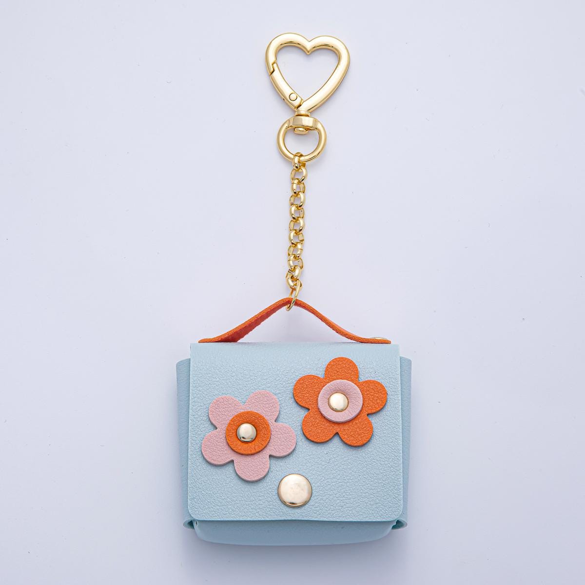 18K Gold Filled Pink Blue Orange Ear Bud Case Bag Charm Heart Push Gate Keychain with Floral Design Mini Purse DIY Jewelry Making | WB-00236