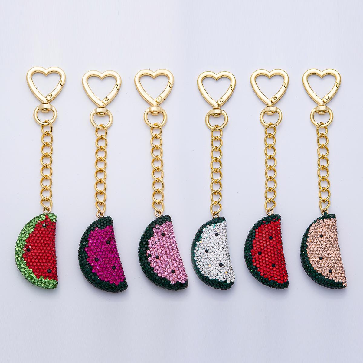 18K Gold Filled Watermelon Bedazzled Bag Crystal Charm Keychain Push Gate Sparkly Fruit Accessories Shimmering Crystal Detail | WB-00239