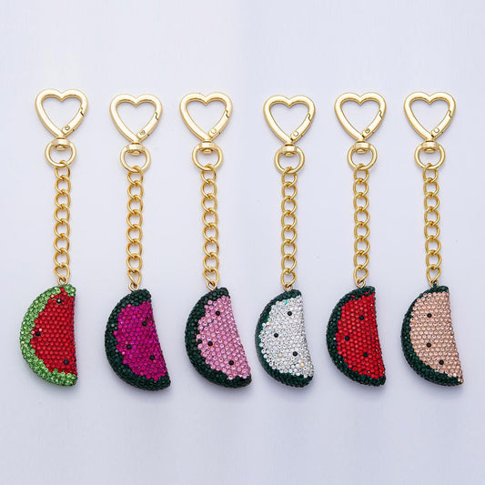 18K Gold Filled Watermelon Bedazzled Bag Crystal Charm Keychain Push Gate Sparkly Fruit Accessories Shimmering Crystal Detail | WB-00239