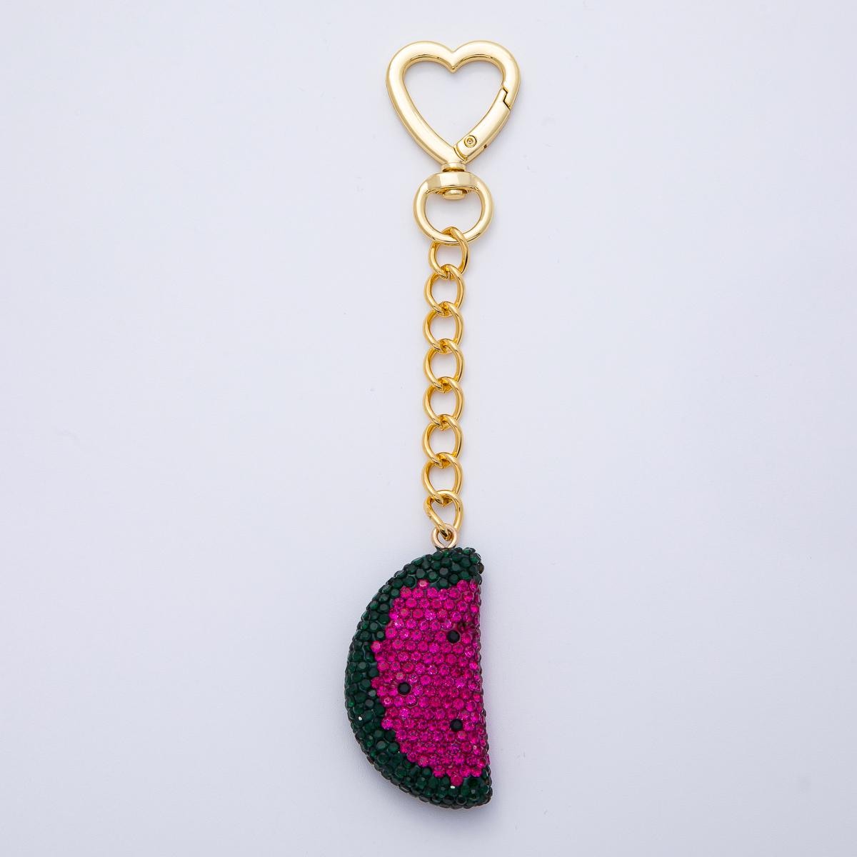 18K Gold Filled Watermelon Bedazzled Bag Crystal Charm Keychain Push Gate Sparkly Fruit Accessories Shimmering Crystal Detail | WB-00239