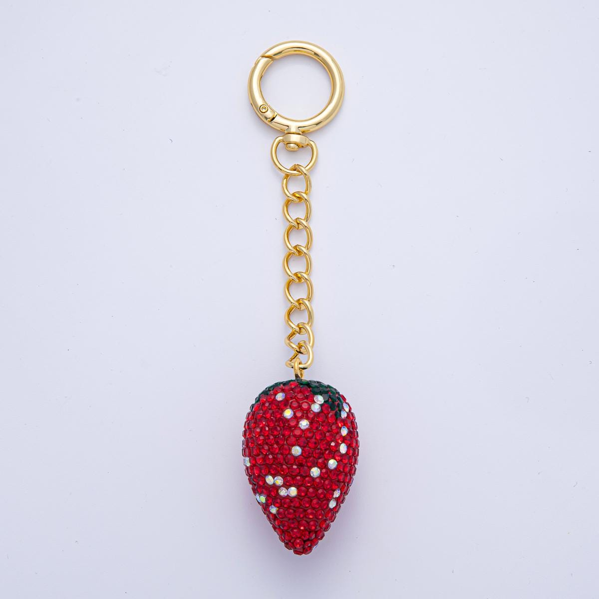 18K Gold Filled Shimmering Red Strawberry Bedazzled Bag Crystal Charm Keychain Push Gate Key Ring Sparkly Fruit Accessories | WB-00254