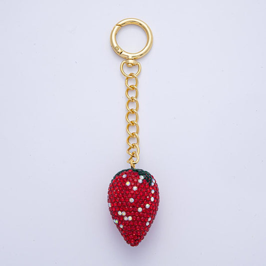 18K Gold Filled Shimmering Red Strawberry Bedazzled Bag Crystal Charm Keychain Push Gate Key Ring Sparkly Fruit Accessories | WB-00254