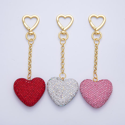 18K Heart Shaped Gold Filled White Red Pink Bedazzled Heart Bag Crystal Charm Keychain Accessories Luxury Style Finding | WB-00255
