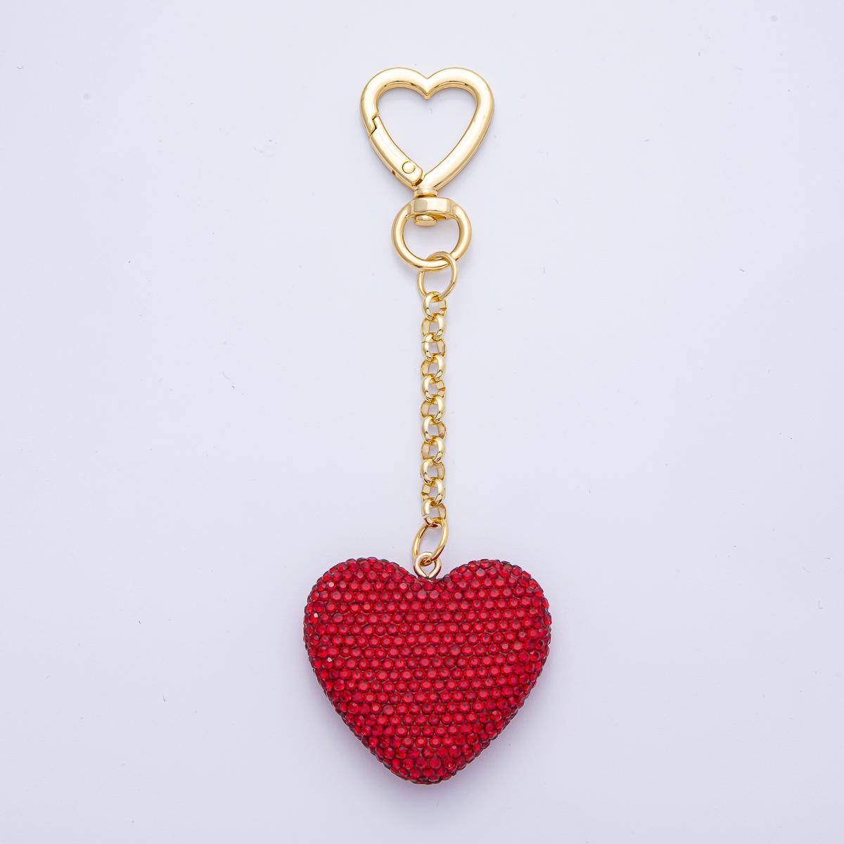 18K Heart Shaped Gold Filled White Red Pink Bedazzled Heart Bag Crystal Charm Keychain Accessories Luxury Style Finding | WB-00255