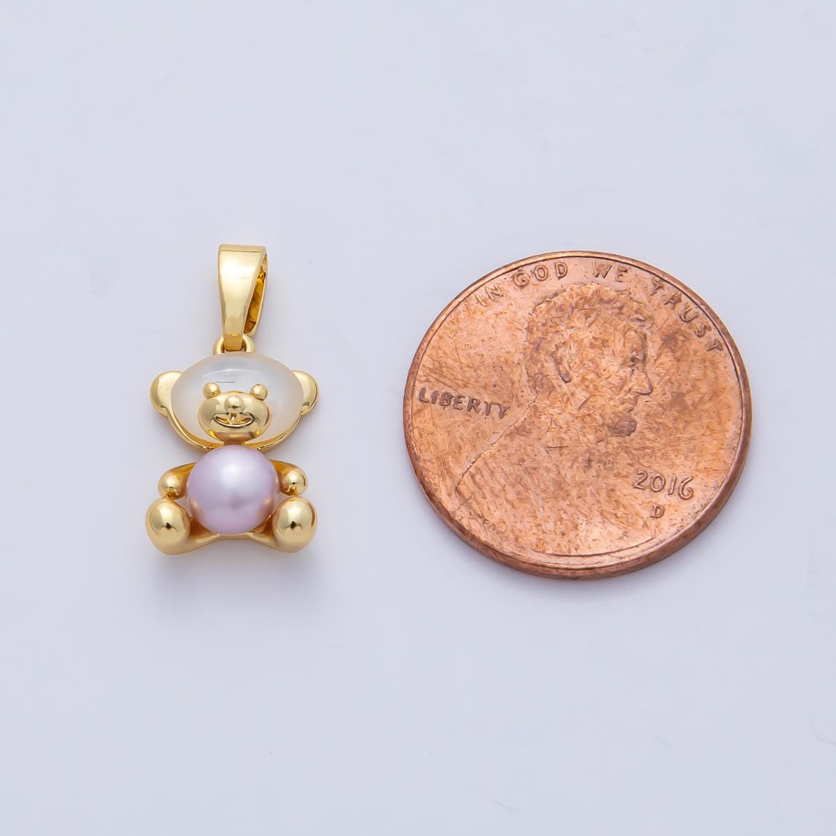 18K Gold Filled 13.1mm Pink Purple Shell Pearl Mini Teddy Bear Cute Animal Jewelry Pendant DIY Supply Findings for Necklace Earring | AF1188