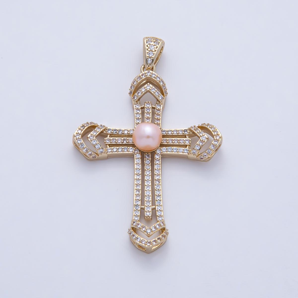 18K Gold Filled 40.4mm White & Pink Shell Pearl Micro Paved CZ Passion Cross Pendant Religious Jewelry Charm DIY Supply Necklace | AF1194