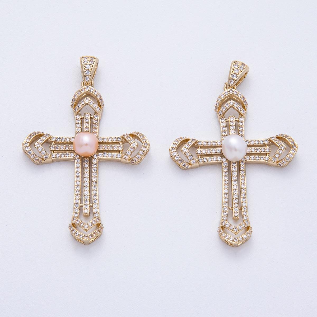 18K Gold Filled 40.4mm White & Pink Shell Pearl Micro Paved CZ Passion Cross Pendant Religious Jewelry Charm DIY Supply Necklace | AF1194