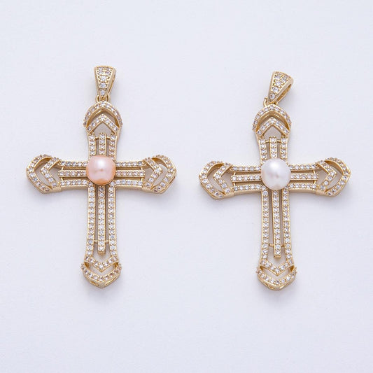 18K Gold Filled 40.4mm White & Pink Shell Pearl Micro Paved CZ Passion Cross Pendant Religious Jewelry Charm DIY Supply Necklace | AF1194