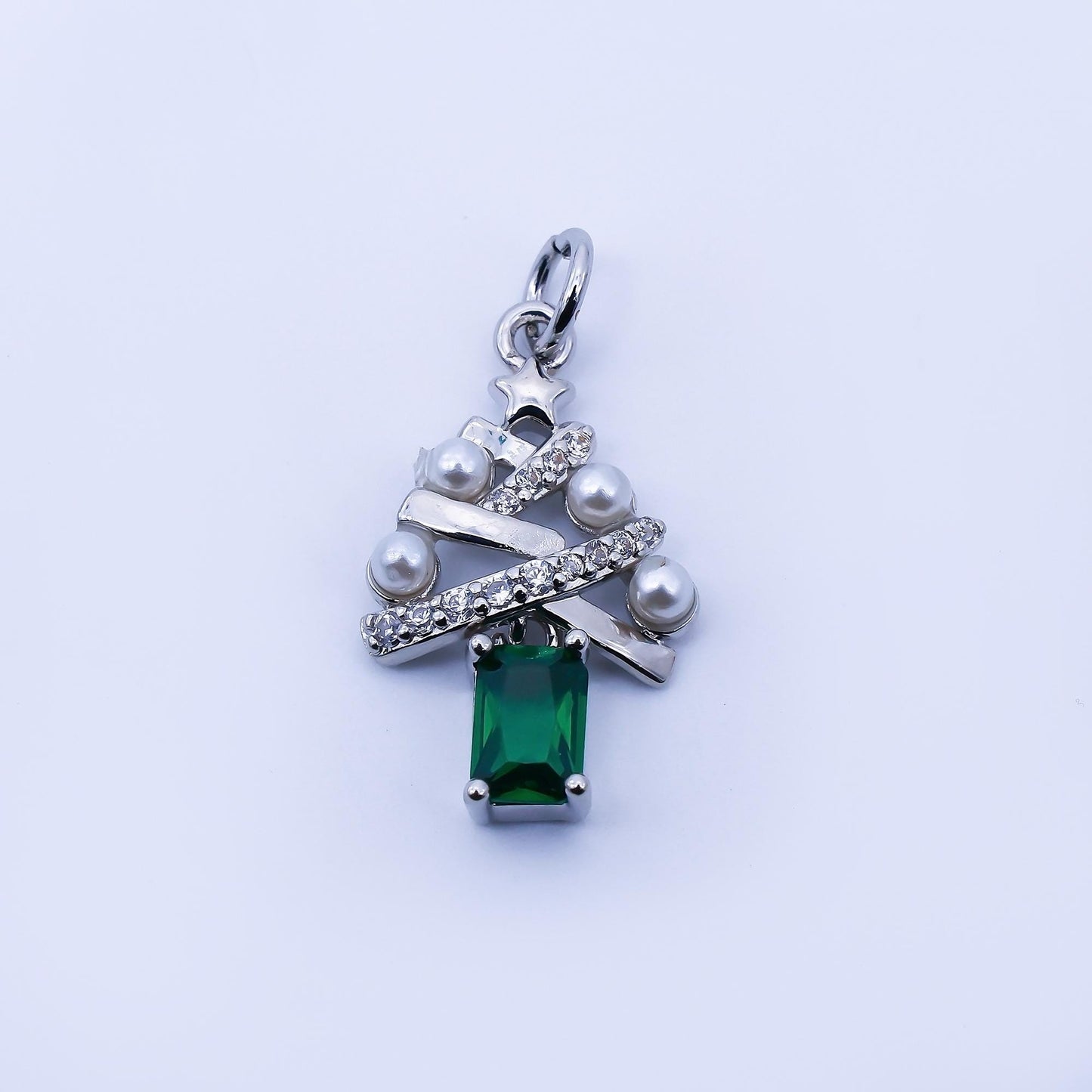24K Gold Filled Green Baguette CZ Micro Paved Shell Pearl Christmas Tree Charm in Gold & Silver Festive Holiday Pendant DIY Jewelry | C940