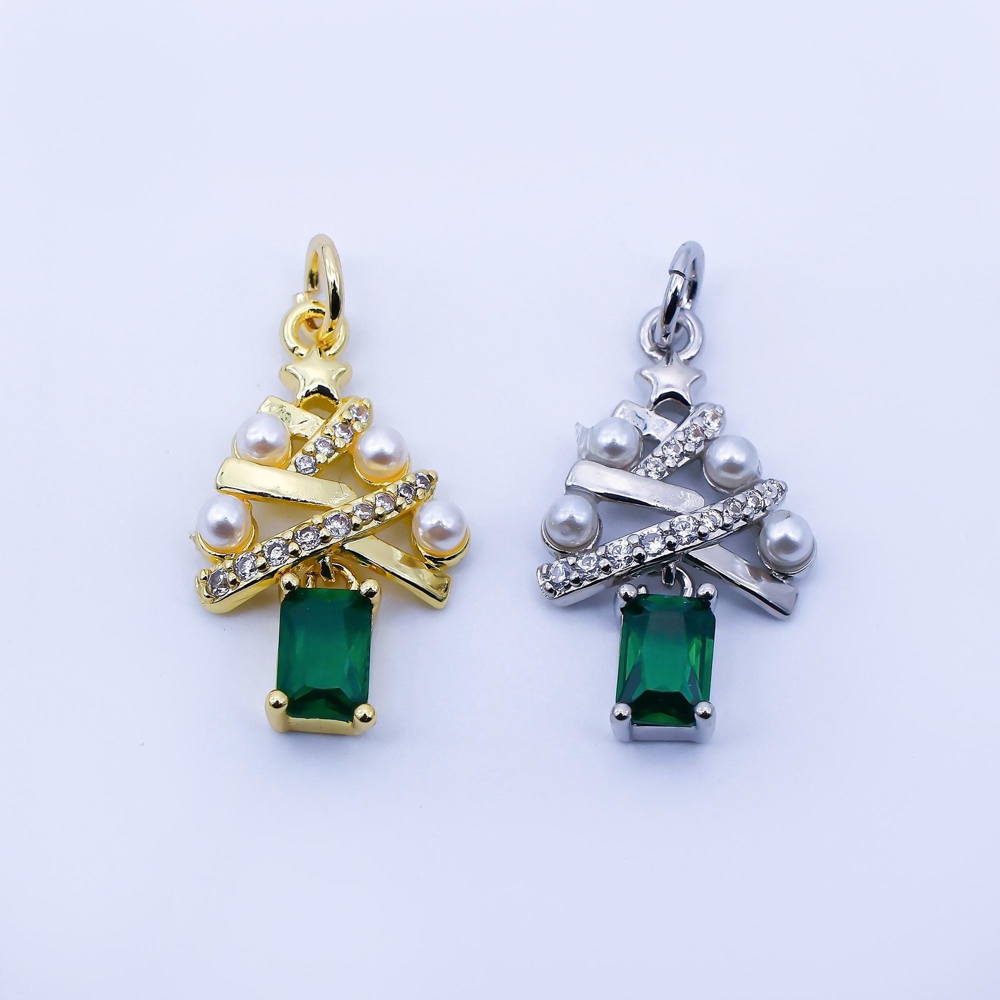 24K Gold Filled Green Baguette CZ Micro Paved Shell Pearl Christmas Tree Charm in Gold & Silver Festive Holiday Pendant DIY Jewelry | C940