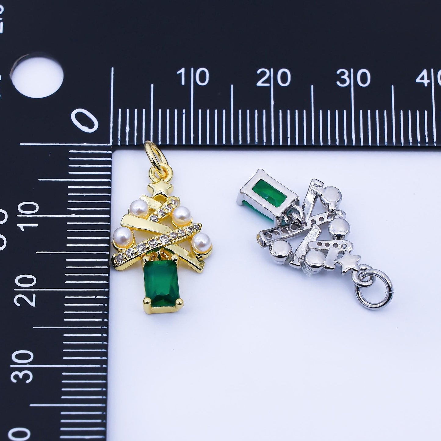 24K Gold Filled Green Baguette CZ Micro Paved Shell Pearl Christmas Tree Charm in Gold & Silver Festive Holiday Pendant DIY Jewelry | C940