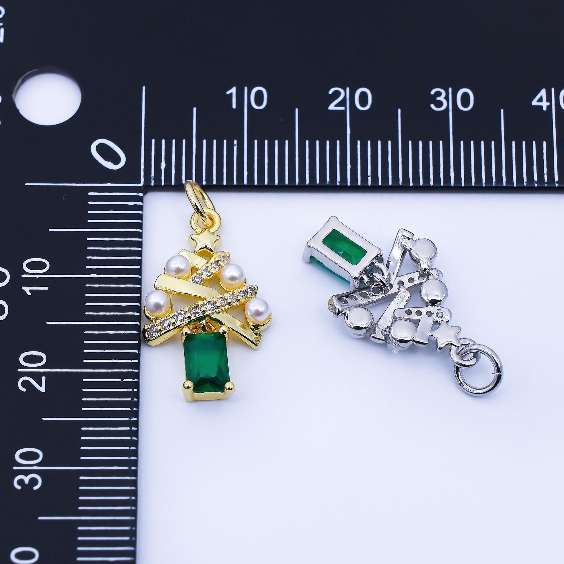 24K Gold Filled Green Baguette CZ Micro Paved Shell Pearl Christmas Tree Charm in Gold & Silver Festive Holiday Pendant DIY Jewelry | C940