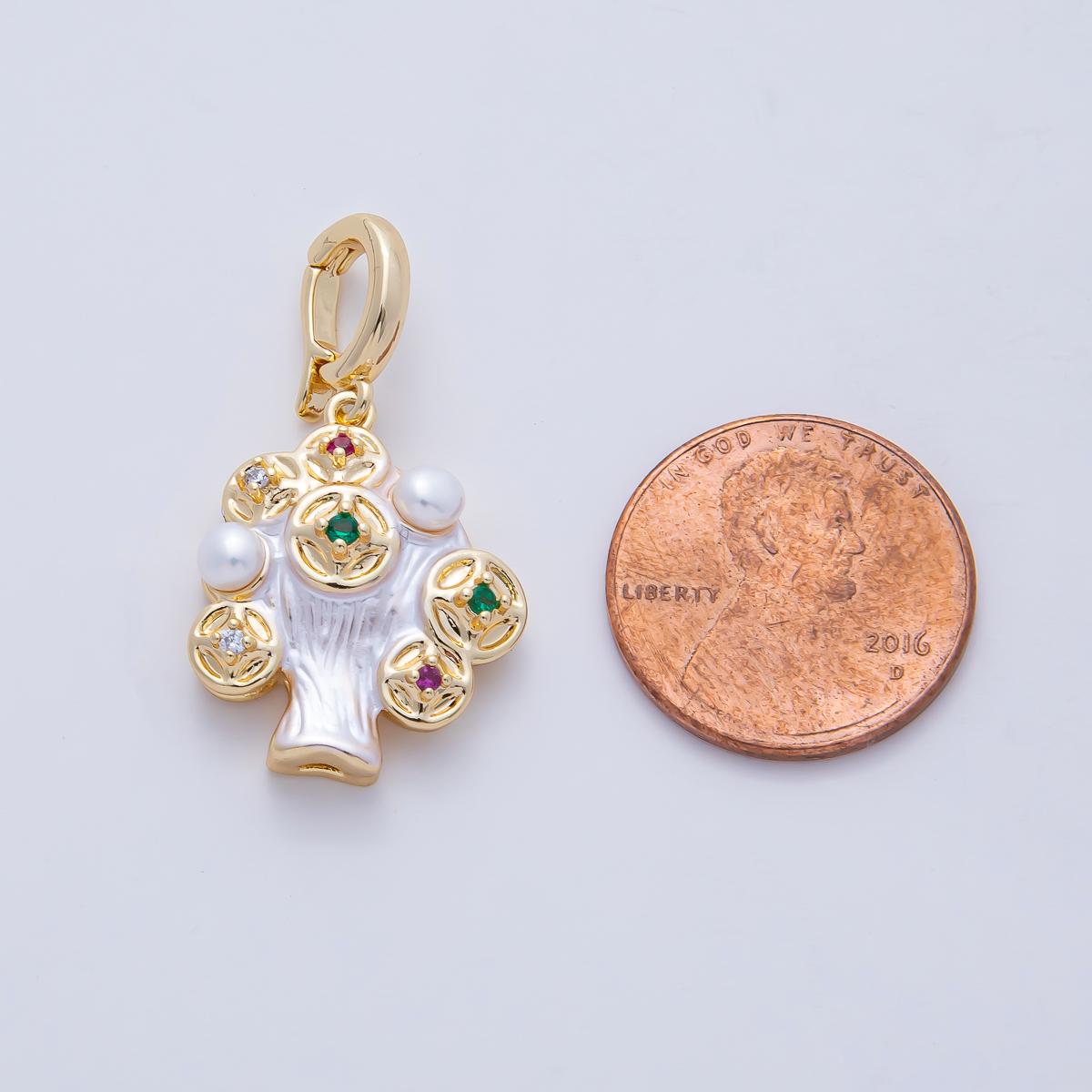 18K Gold Filled 20.7mm Multicolor CZ Shell Pearl Geometric Snap Latch Pendant Floral Tree Design Charm Necklace DIY Jewelry Making | AF1199