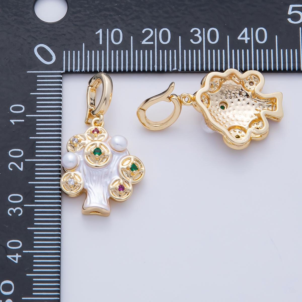 18K Gold Filled 20.7mm Multicolor CZ Shell Pearl Geometric Snap Latch Pendant Floral Tree Design Charm Necklace DIY Jewelry Making | AF1199