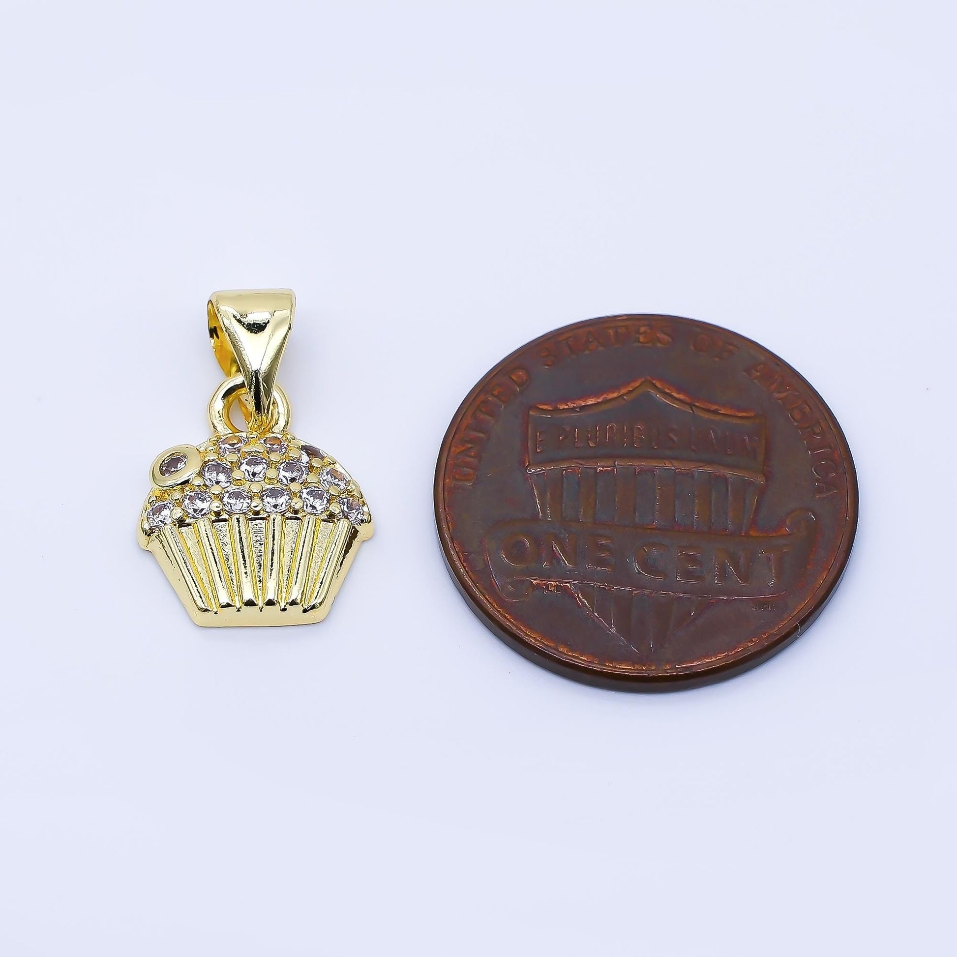 24K Gold Filled 11mm Micro Paved CZ Cupcake Charm Food Jewelry Gourmet Inspired Pendant DIY Supply for Necklace Bracelet Making | AA1675