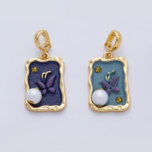 18K Gold Filled 24.6mm Blue and Purple Enamel Butterfly Mariposa Animals with White Shell Pearl Pendant Charm DIY Jewelry Making | AF1193