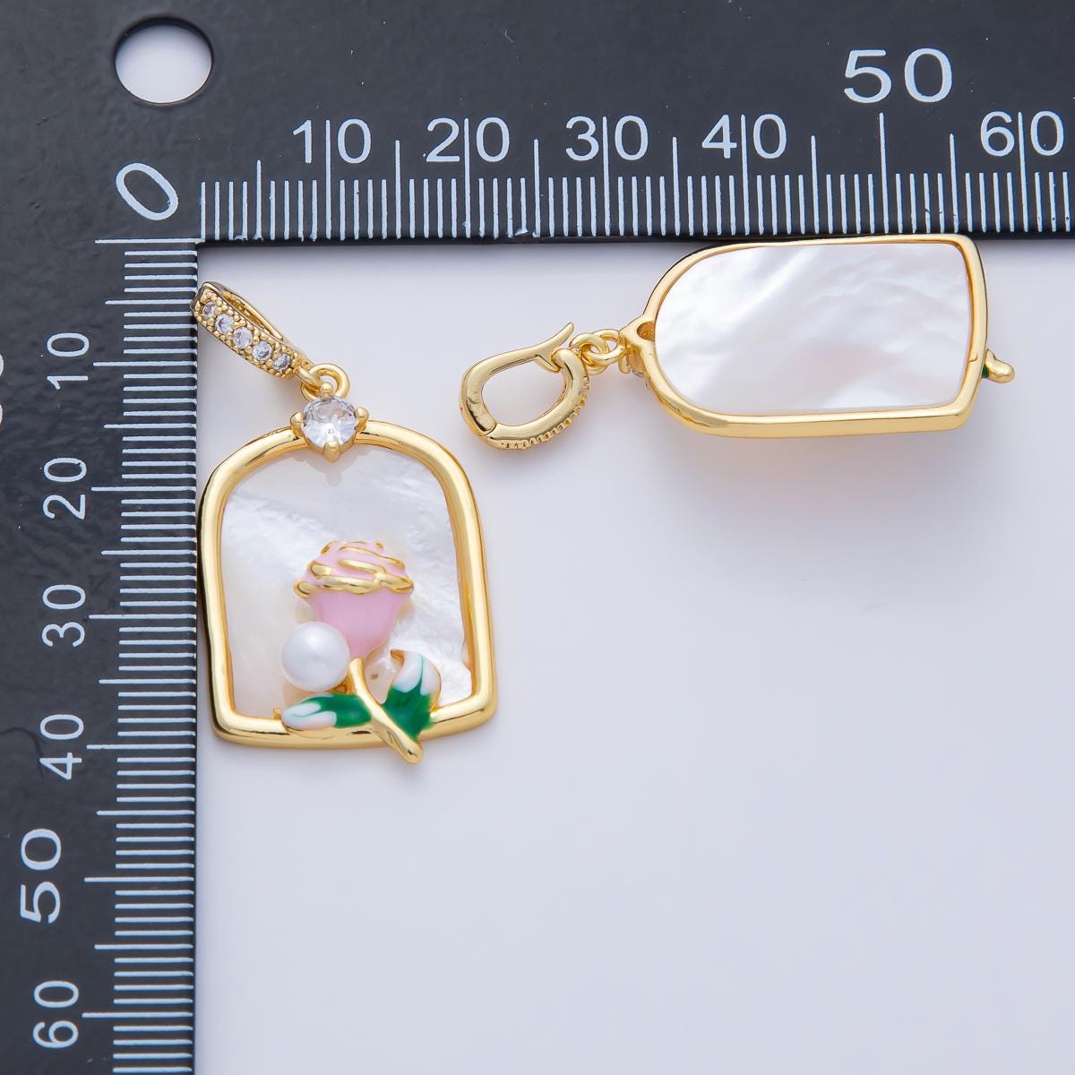 18K Gold Filled 31mm Pink Blooming Rose Flower White Shell Pearl Window Frame Pendant Charm DIY Jewelry Supply Custom Necklace | AF1196