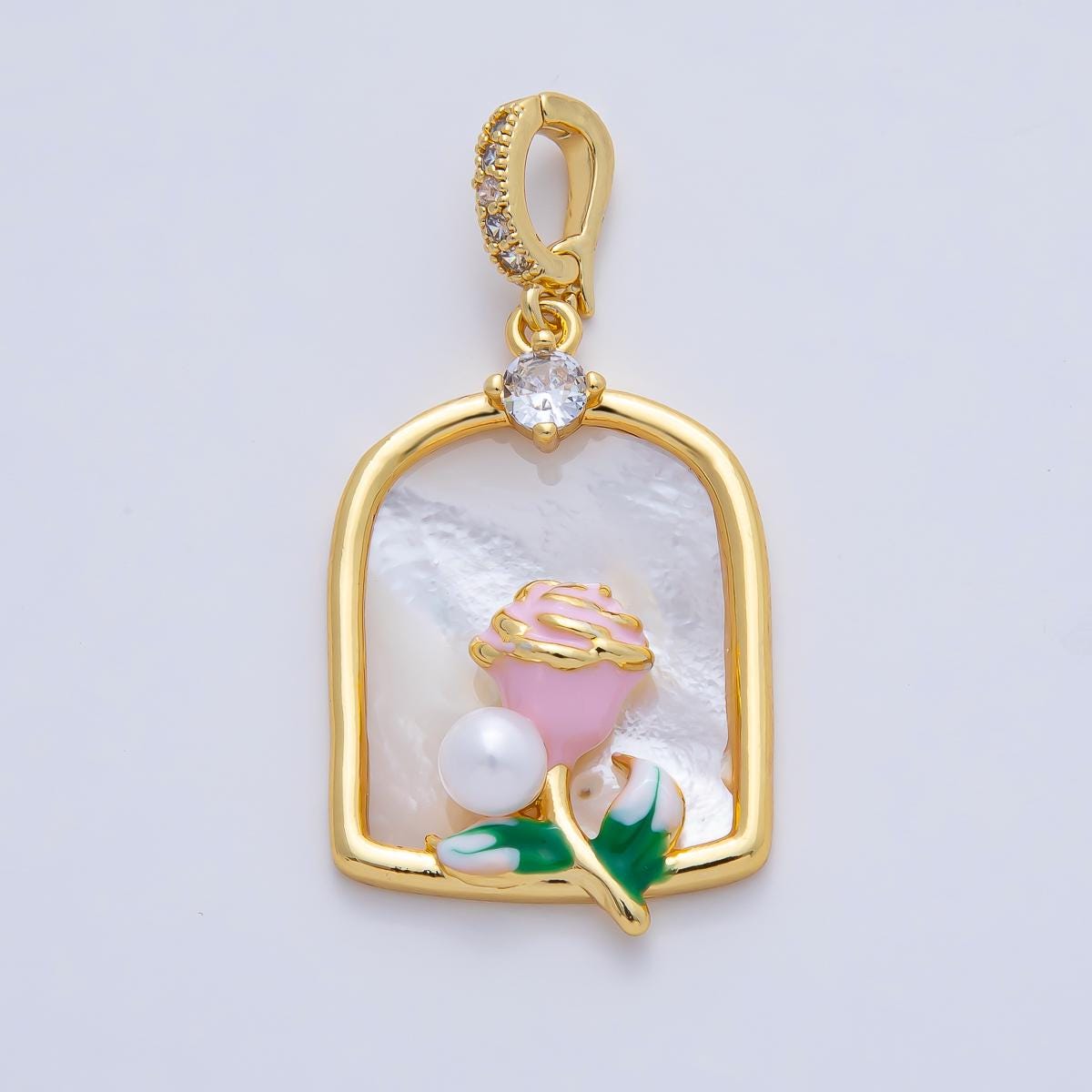 18K Gold Filled 31mm Pink Blooming Rose Flower White Shell Pearl Window Frame Pendant Charm DIY Jewelry Supply Custom Necklace | AF1196