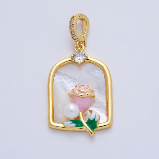 18K Gold Filled 31mm Pink Blooming Rose Flower White Shell Pearl Window Frame Pendant Charm DIY Jewelry Supply Custom Necklace | AF1196