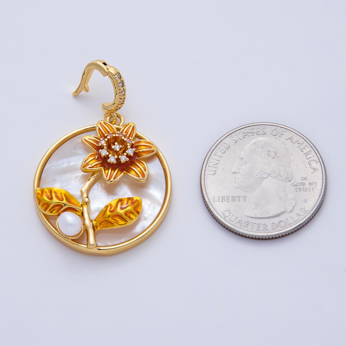 18K Gold Filled 29.7mm Orange Yellow Enamel Sunflower White Shell Pearl Round Pendant Charm DIY Jewelry Supply Custom Necklace | AF1197