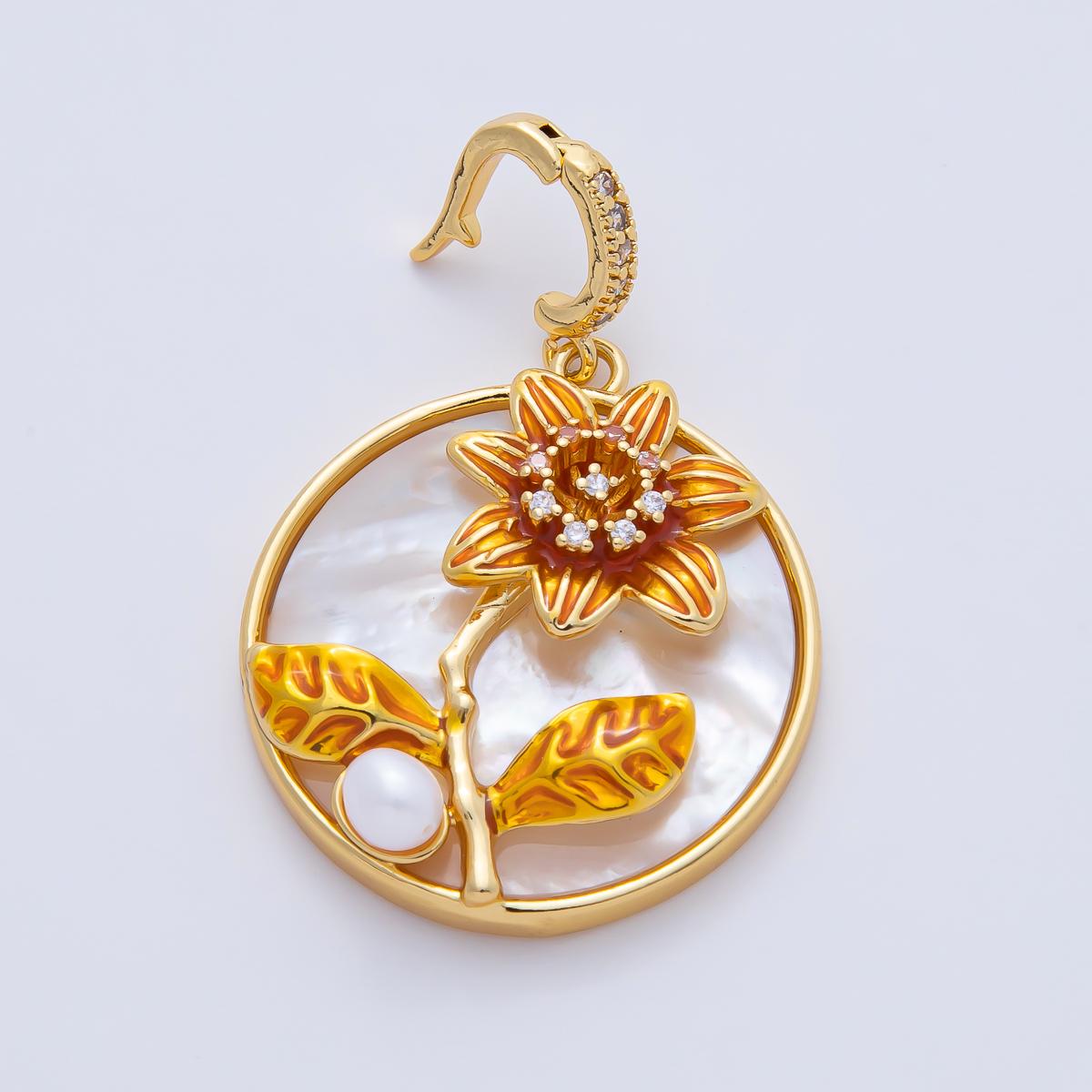 18K Gold Filled 29.7mm Orange Yellow Enamel Sunflower White Shell Pearl Round Pendant Charm DIY Jewelry Supply Custom Necklace | AF1197