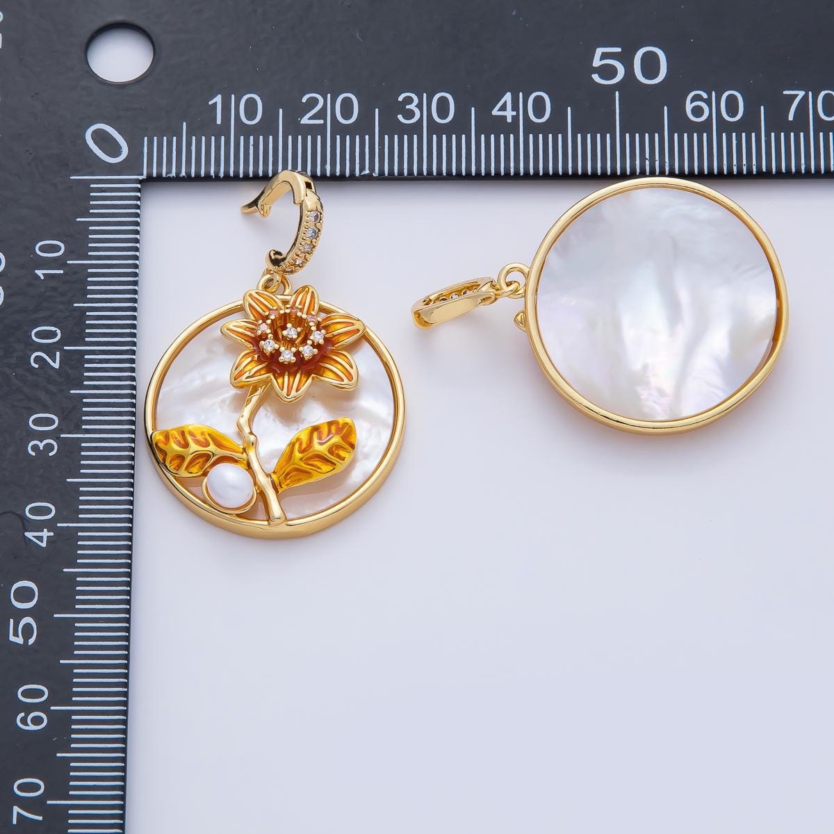 18K Gold Filled 29.7mm Orange Yellow Enamel Sunflower White Shell Pearl Round Pendant Charm DIY Jewelry Supply Custom Necklace | AF1197