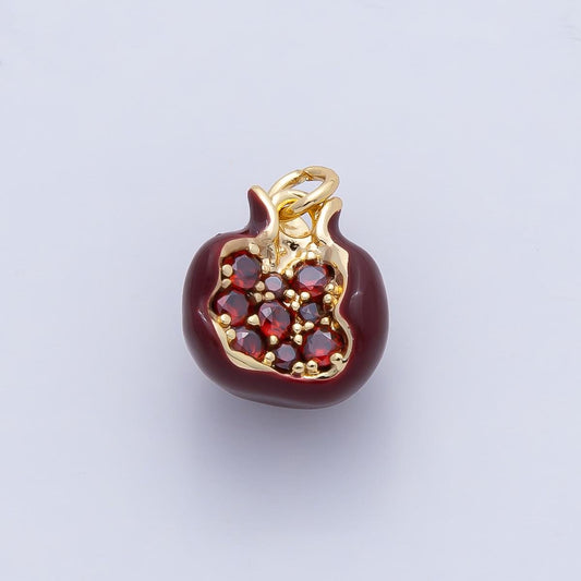 Dainty Enamel Dark red pomegranate gold charm 24k Gold Filled Red micro pave charms diy Fruit bracelet jewelry making AF1478