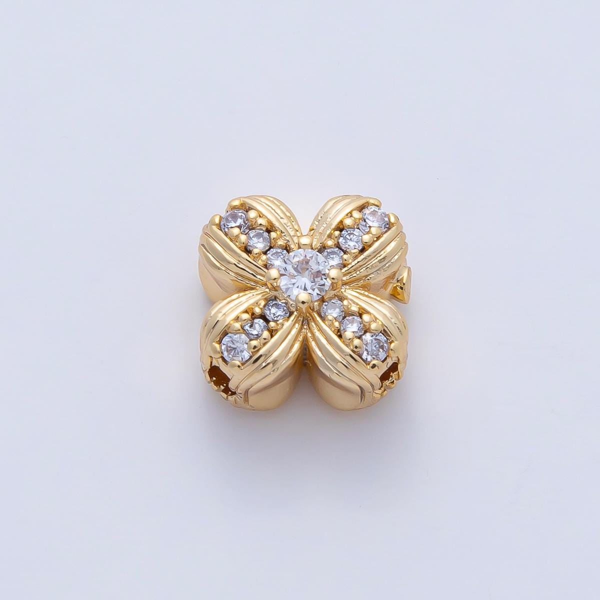 16K Gold Filled 7mm Quatrefoil Line-Patterned Clover Micro Pave Clear CZ Bead | B-535