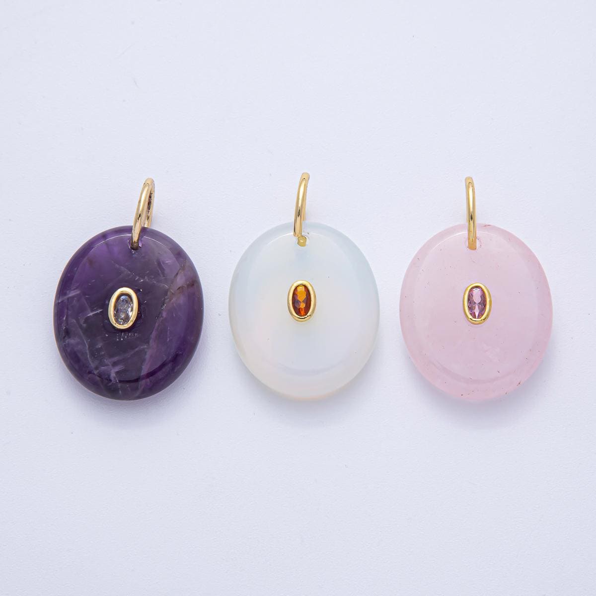 18k Gold Filled 26.8mm CZ Oval Embedded Natural Gemstone Charm Amethyst Opal & Rose Quartz DIY Jewelry Supply Finding for Necklace | AK058