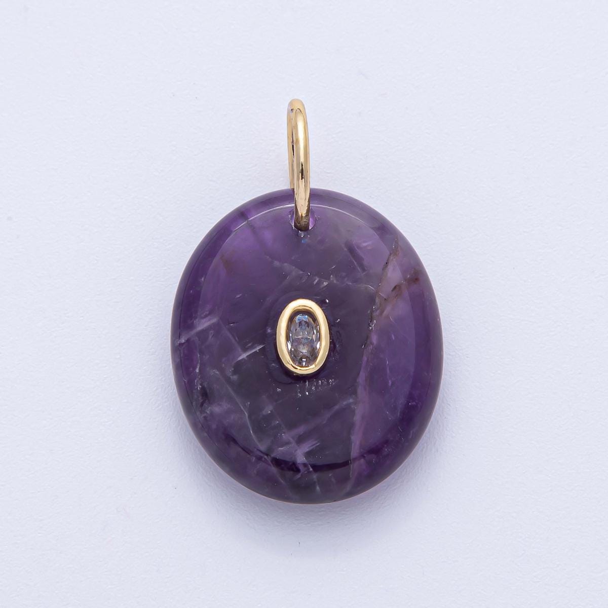 18k Gold Filled 26.8mm CZ Oval Embedded Natural Gemstone Charm Amethyst Opal & Rose Quartz DIY Jewelry Supply Finding for Necklace | AK058