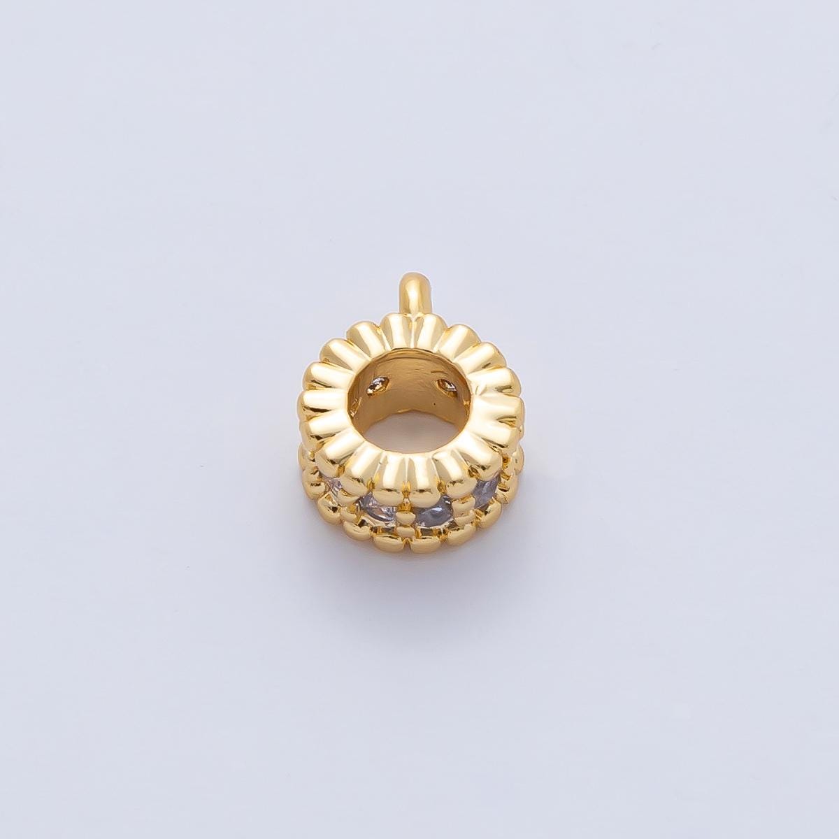 18k Gold Filled 9.4mm Micro Paved Round Spacer Bail Bead with Dotted Edge Loop Connector DIY Jewelry Supply Necklace Bracelet Charm | Z1596