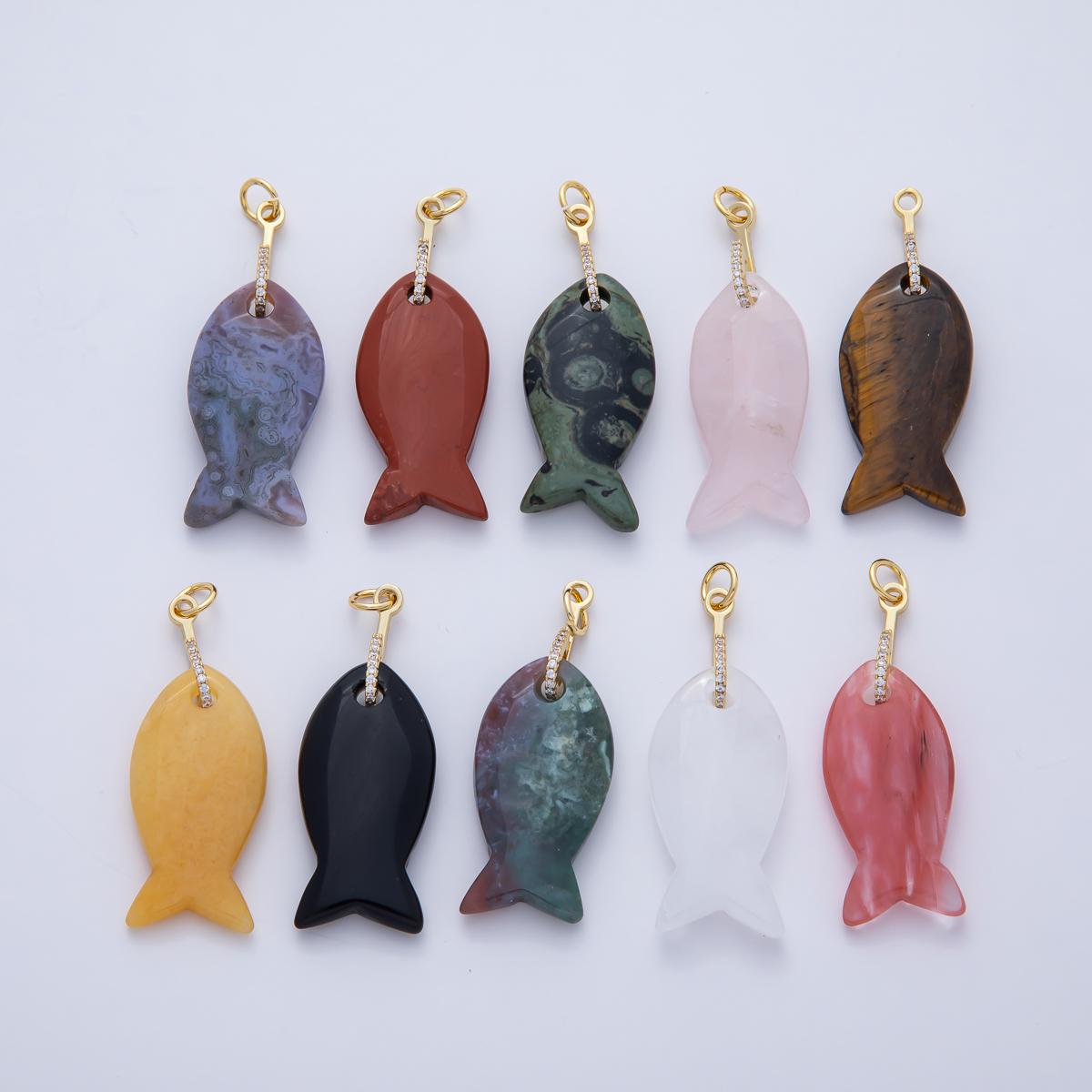 18k Gold Filled 51.1mm Big Gemstone Fish Pendant Natural Stone CZ Charm for Necklace Bracelet Jewelry Making DIY Supply | AK001