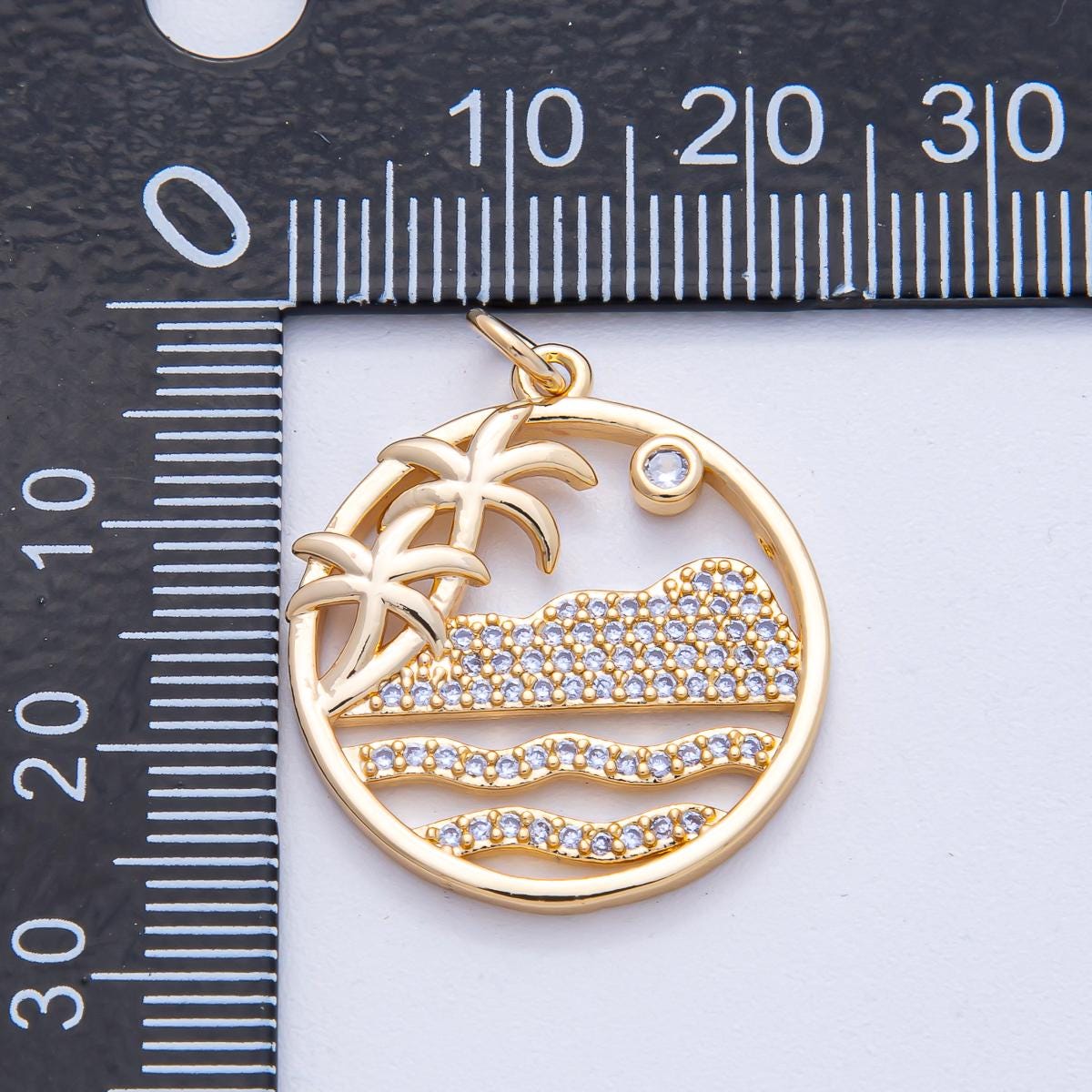 18k Gold Filled 25.1mm Micro Paved CZ Ocean Themed Beach Waves Island Charm DIY Jewelry Making Supply for Necklace | AK006