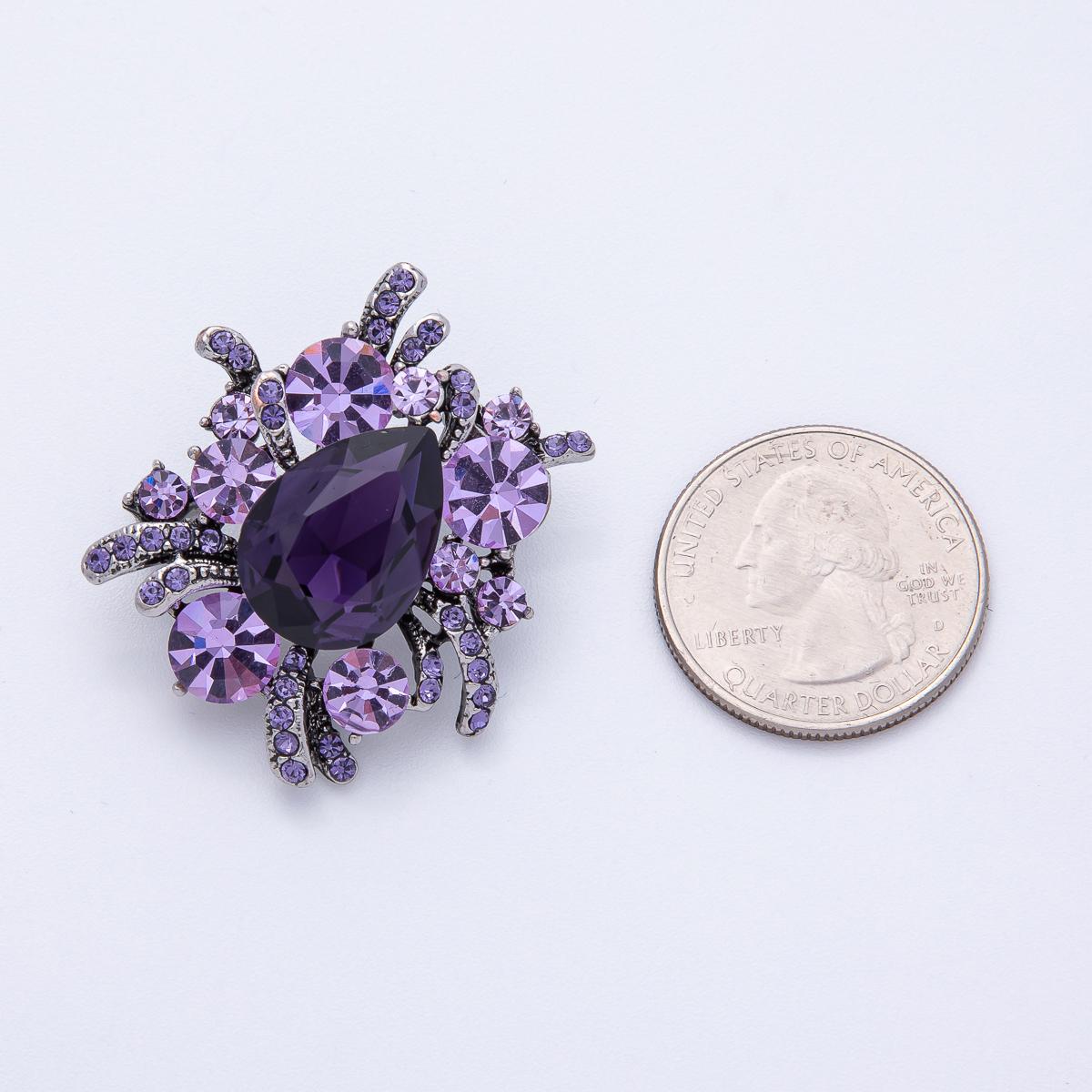 37.9mm Purple Micro Paved CZ Brooch Pin Vintage Antique Flower Statement Jewelry Accessory for Coats Bags Scarves Add On | BH001