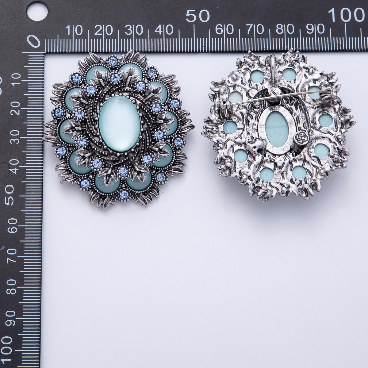 51.6mm Blue Vintage Brooch Pin Floral Antique Silver Mini Rhinestone with Turquoise Oval Cabochon for Coats Bags Scarves Jewelry | BH002