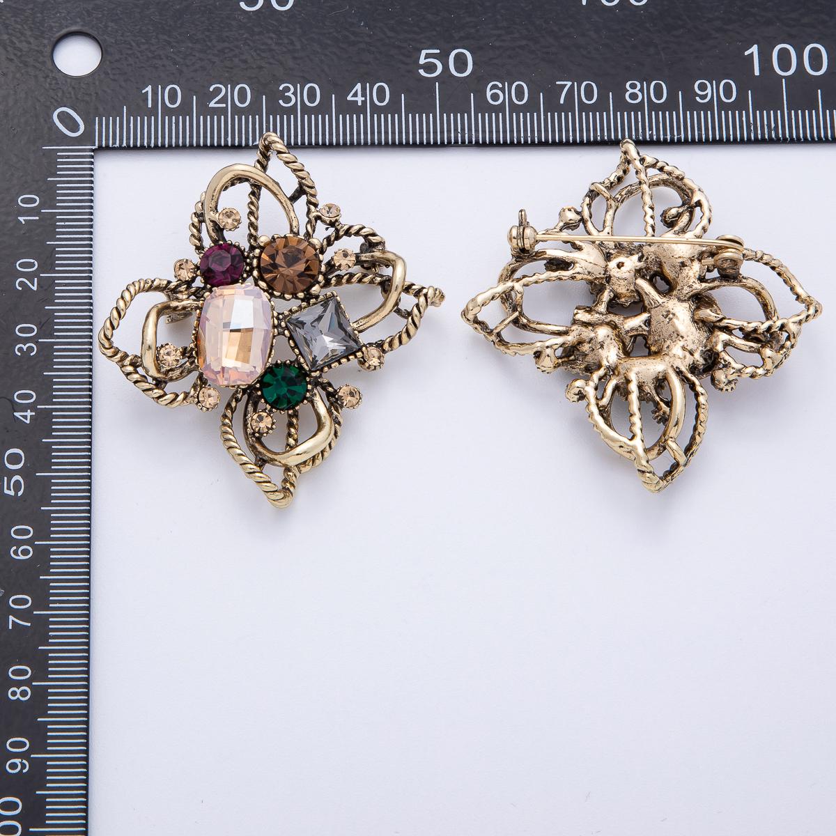 53mm Multicolor Brooch Antique Gold Retro Pin with Glass Diamond Crystals Statement Piece for Coats Bags Scarves Jewelry Accessory | BH004