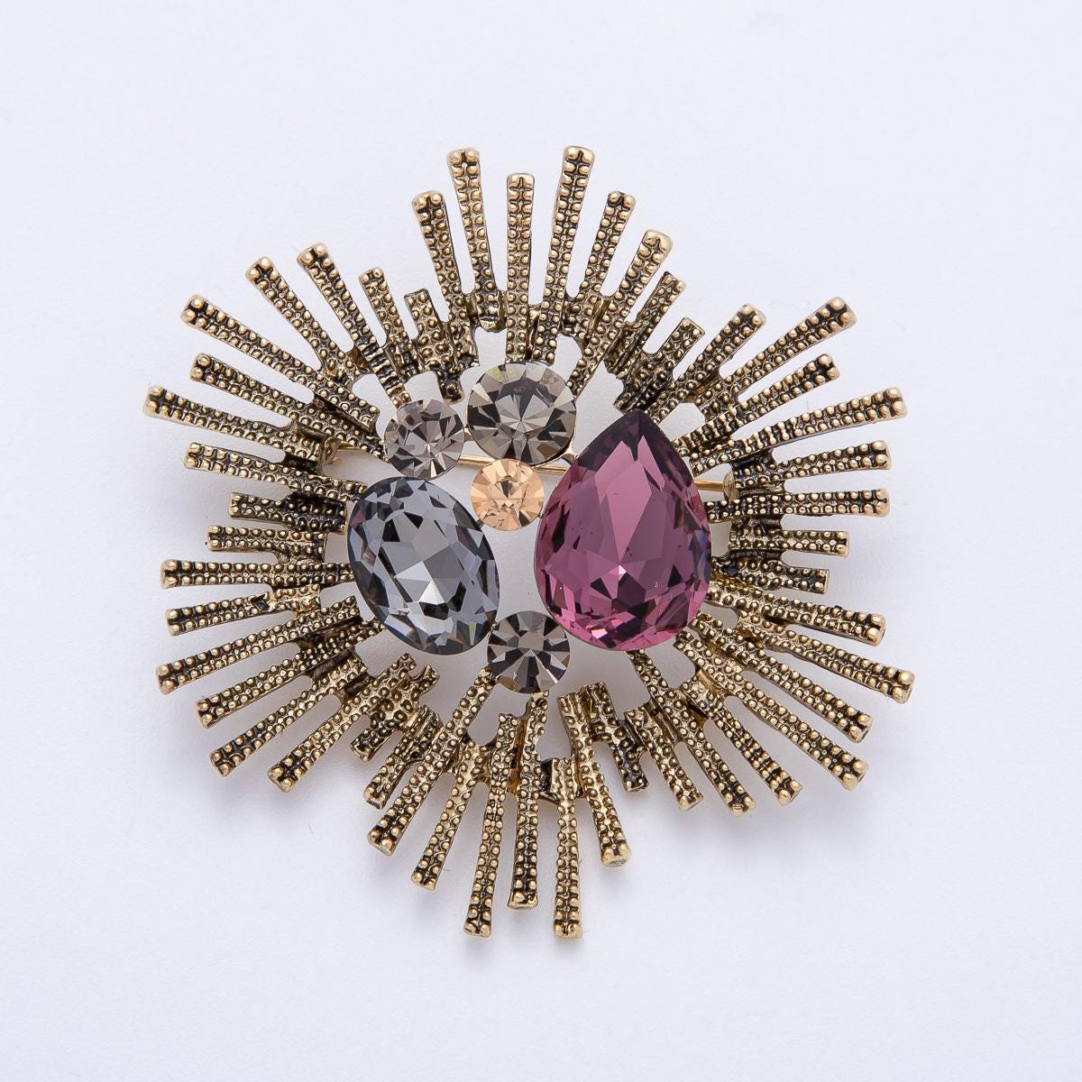 60.7mm Vintage Sunburst Antique Gold Diamond Crystal Pin Statement Piece for Coat Bags Scarves Elegant Jewelry Accessory | BH005