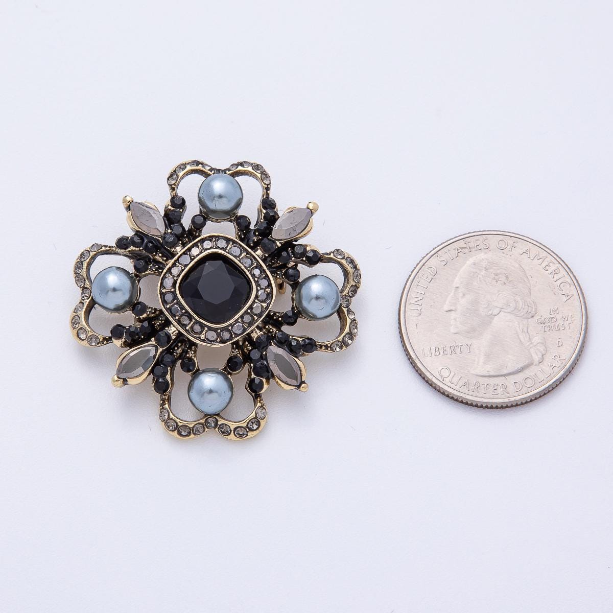 37.5mm Vintage Crystal & Pearl Brooch Antique Flower Pin Statement Piece for Coats Scarves Bags Elegant Fashion Accessory | BH006
