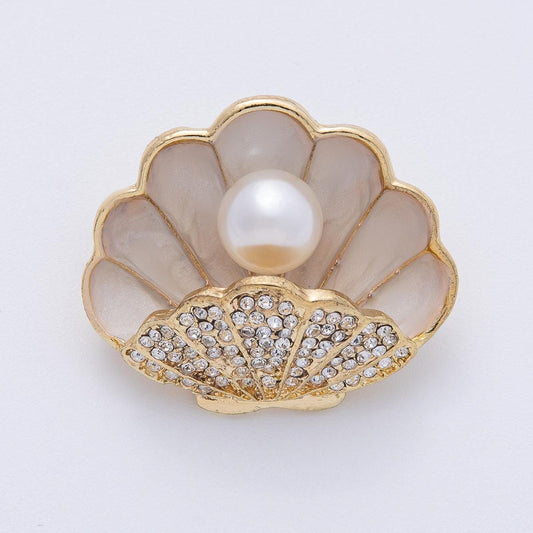 18k Gold Filled 35.2mm Micro Paved CZ Seashell Brooch with Freshwater Pearl Mermaid Aesthetic Pin for Coats Bags Scarves Jewelry | BH009