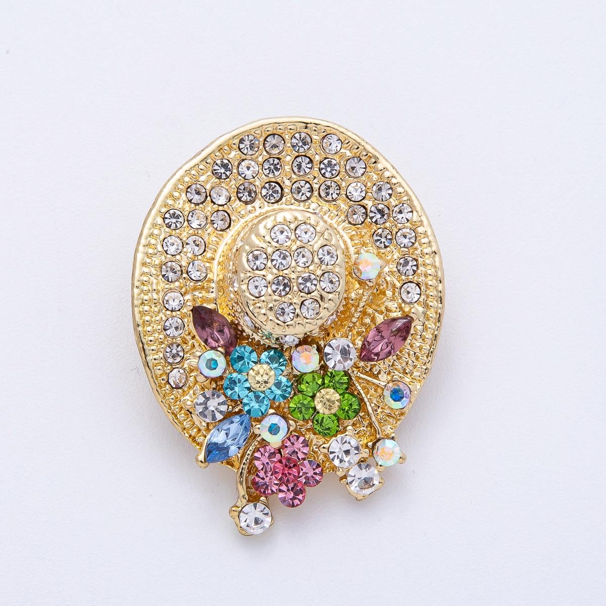 18k Gold Filled 37.7mm Micro Paved CZ Cowboy Hat with Multicolor Floral Crystals Aesthetic Pin for Coats Bags Scarves Jewelry | BH010