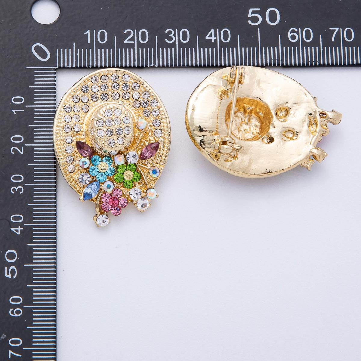 18k Gold Filled 37.7mm Micro Paved CZ Cowboy Hat with Multicolor Floral Crystals Aesthetic Pin for Coats Bags Scarves Jewelry | BH010