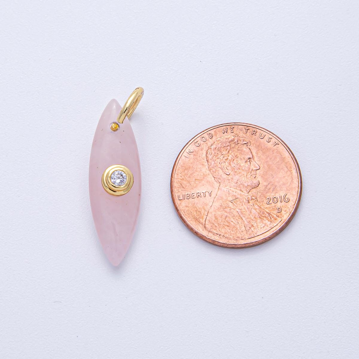 18k Gold Filled 23.9mm Long Thin Oval Drop Charm with Clear CZ in Center Marqusie Rose Quartz, Tiger Eye, Turquoise Green Aventurine | AK127