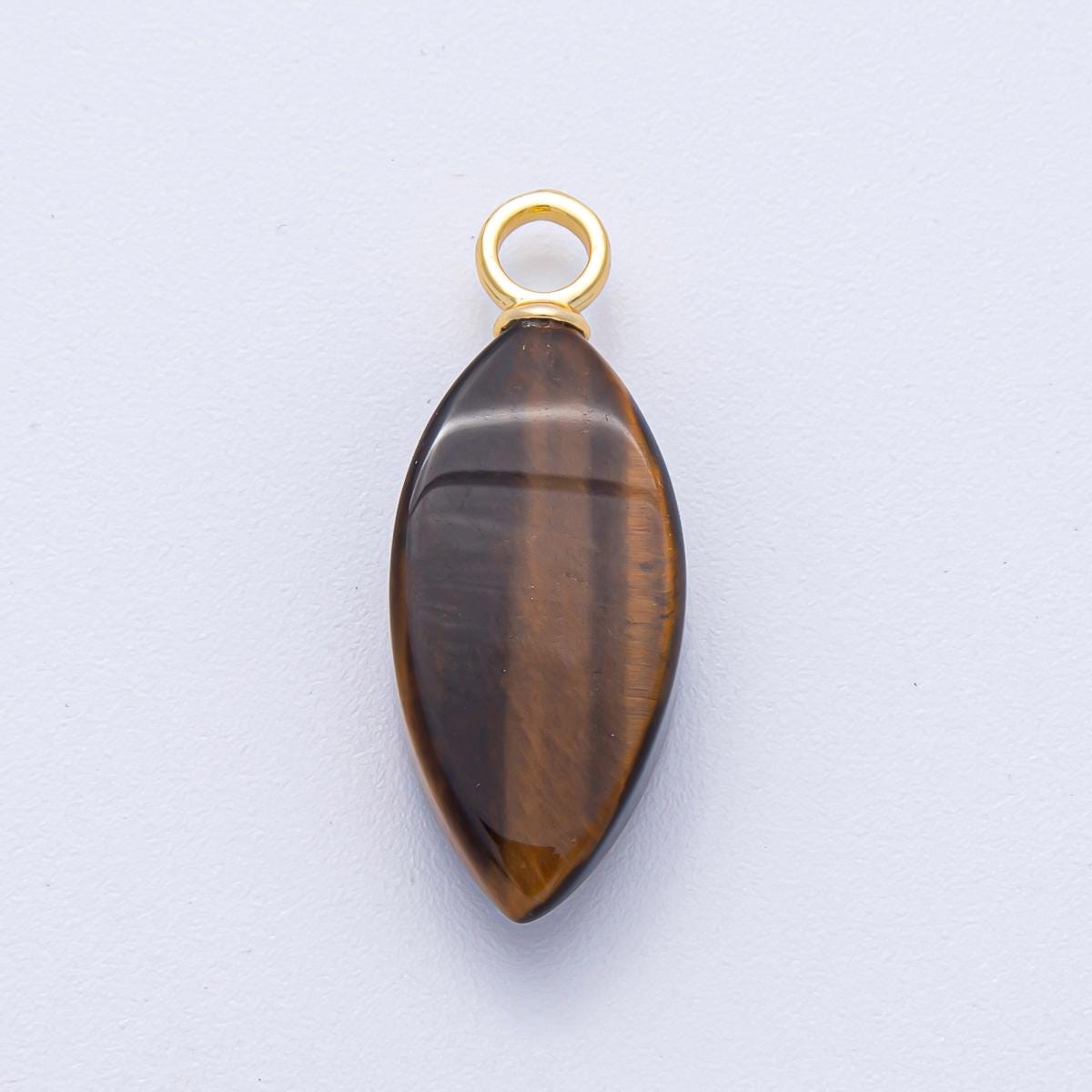 18K Gold Filled 30.3mm Tiger Eye Gemstone Navette Sphere Drop Charm Earth Toned DIY Jewelry Supply Finding for Necklace | AK-052