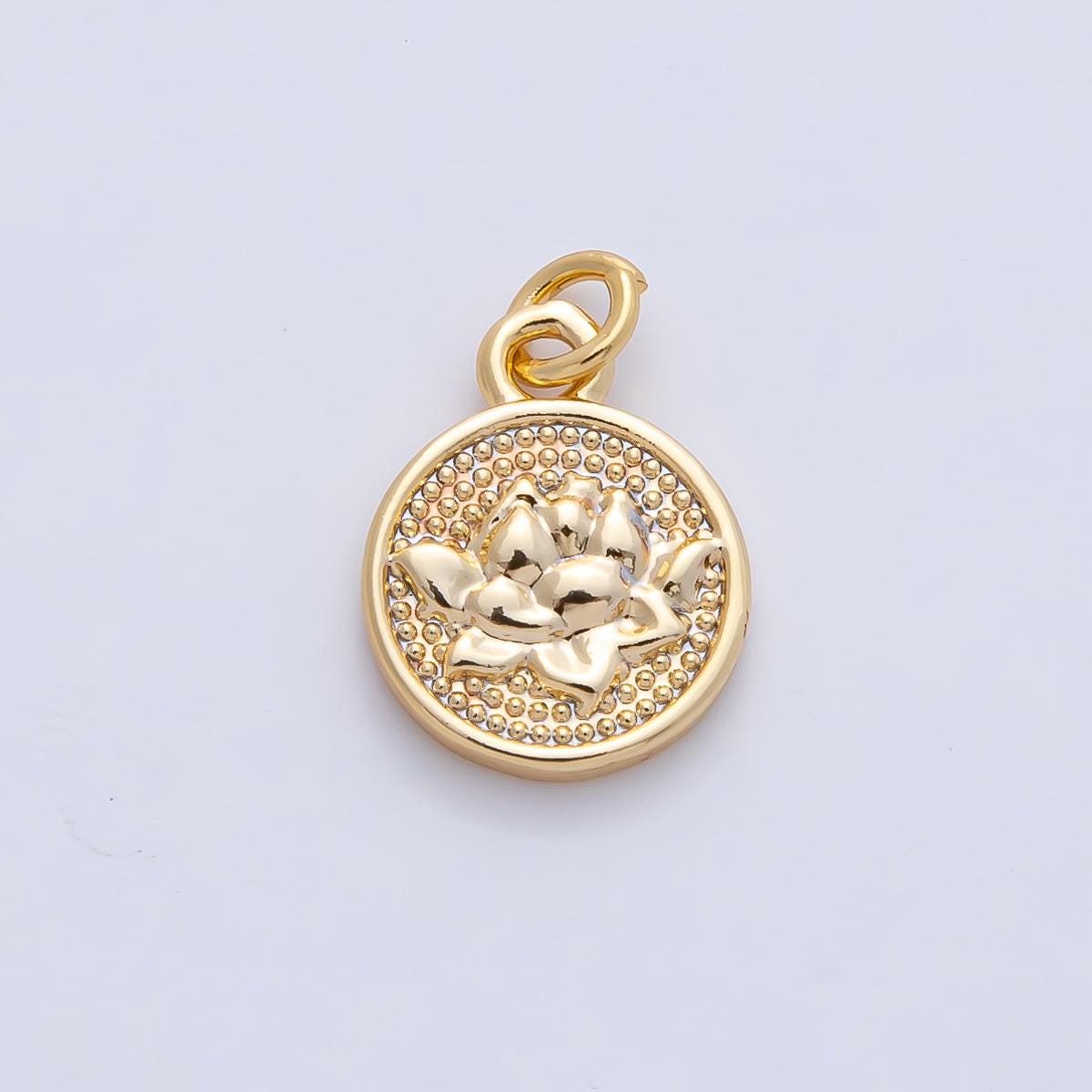 18K Gold Filled 12.4mm Lotus Flower Textured Round Mini Charm DIY Jewelry Supply Finding Custom Necklace & Bracelet | AK-044