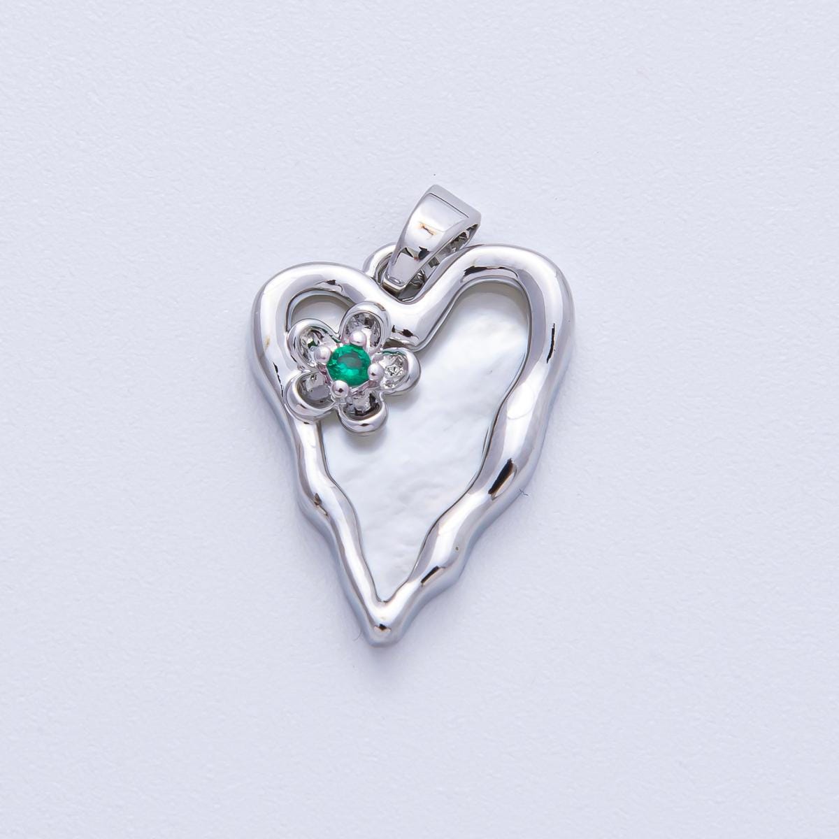 18K Gold Filled 19.5mm Green CZ Flower Shell Pearl Molten Heart Pendant in Gold & Silver DIY Custom Jewelry Supply Finding Necklace | AF1204