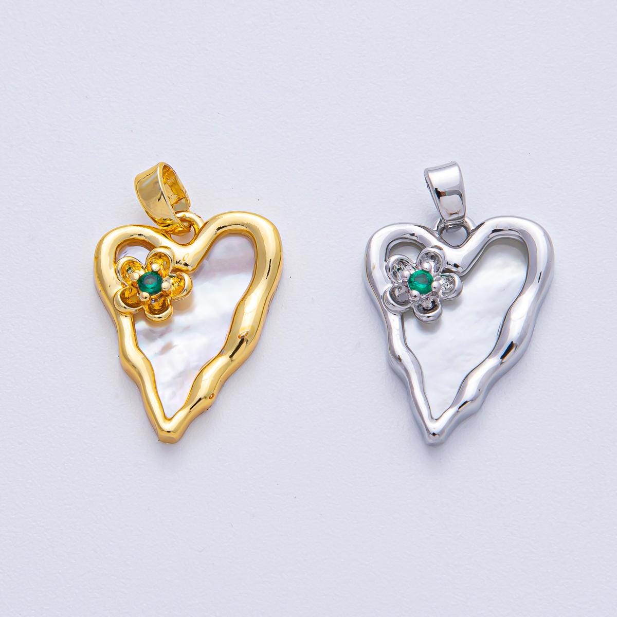 18K Gold Filled 19.5mm Green CZ Flower Shell Pearl Molten Heart Pendant in Gold & Silver DIY Custom Jewelry Supply Finding Necklace | AF1204