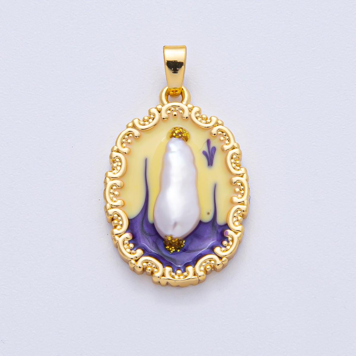 18K Gold Filled 23.9mm Shell Pearl Yellow Purple Multicolor Enamel Oval Pendant DIY Jewelry Supply Finding for Custom Necklace | AF1205