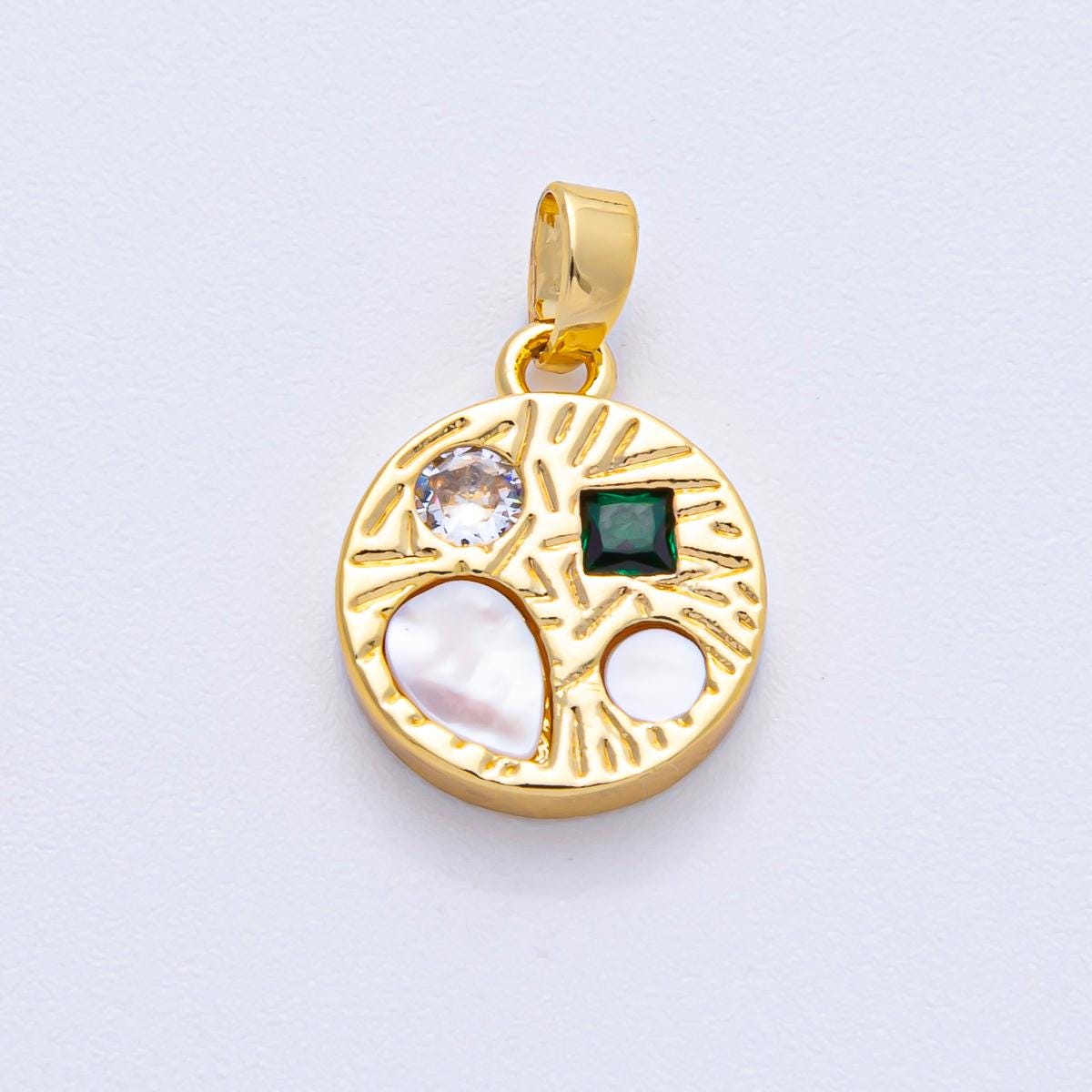 18K Gold Filled 16.1mm Multicolor CZ Shell Pearl Geometric Textured Round Pendant DIY Jewelry Supply Finding for Custom Necklace | AF-1207