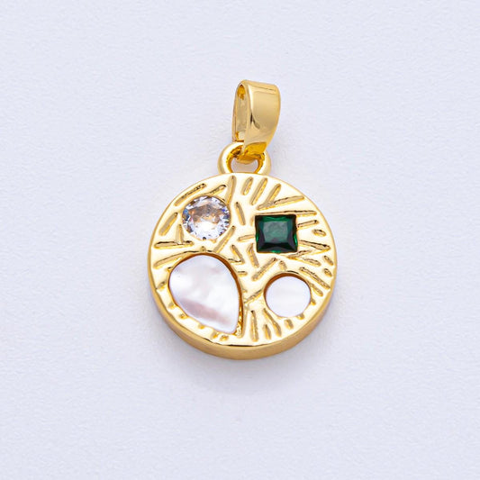 18K Gold Filled 16.1mm Multicolor CZ Shell Pearl Geometric Textured Round Pendant DIY Jewelry Supply Finding for Custom Necklace | AF-1207